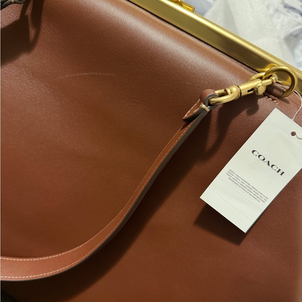 Coach Large Kisslock Frame Bag Designer Crossbody Brass/Brown w/Scratch - Picture 1 of 16